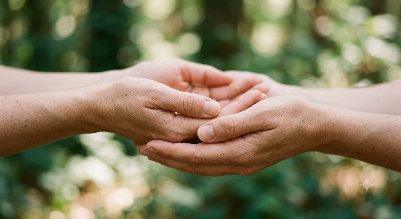 Manos adultas sosteniendo con delicadeza una mano pequeña, luz cálida
